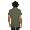 Back view of person wearing olive green short-sleeve t-shirt and dark jeans