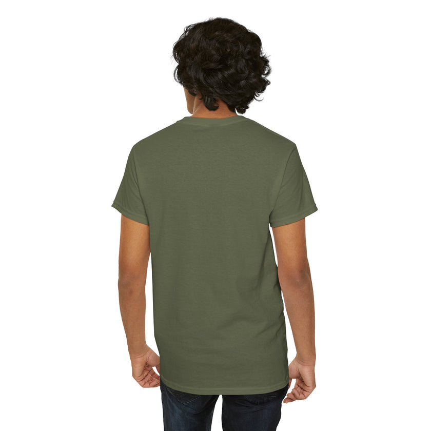 Back view of person wearing olive green short-sleeve t-shirt and dark jeans