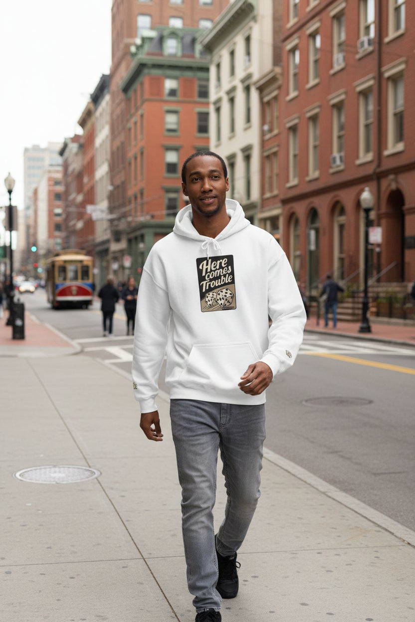 Man wearing a white hoodie with text and graphic design on a white background