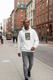 Man wearing a white hoodie with text and graphic design on a white background