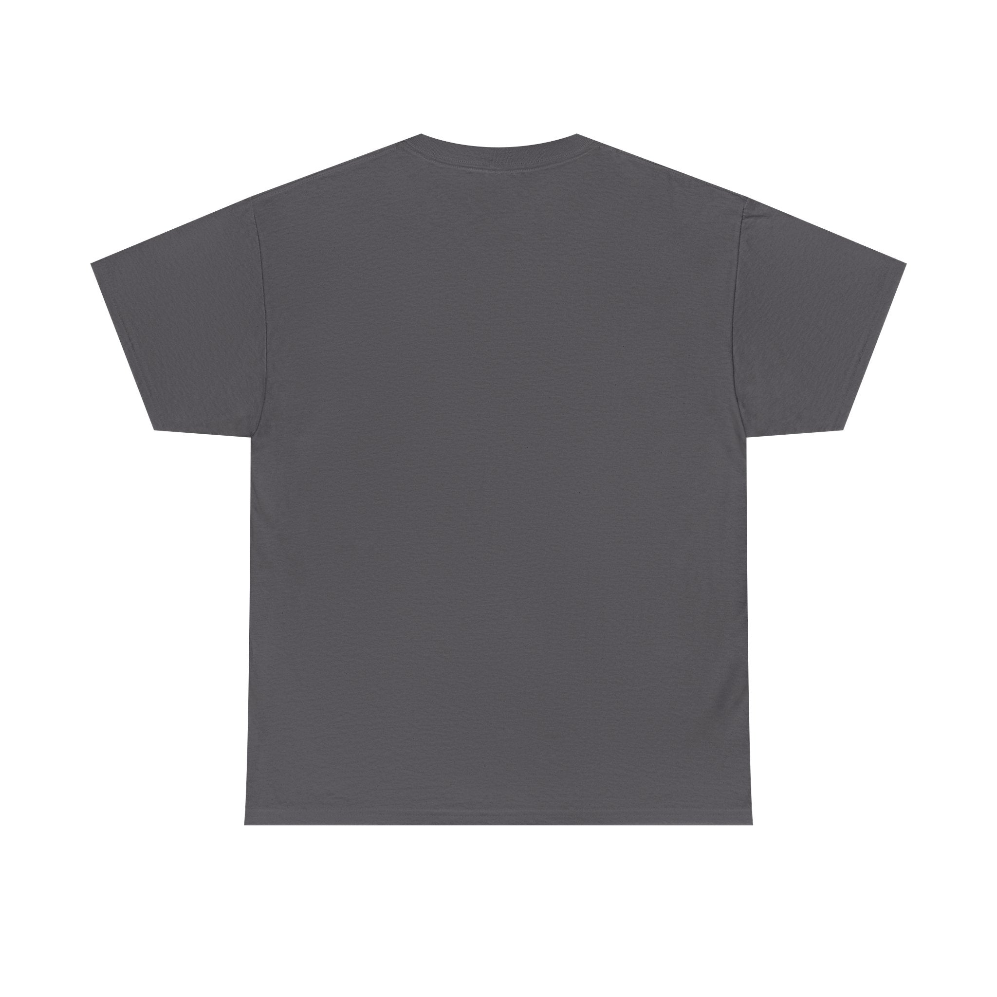 Plain dark gray short-sleeve t-shirt, back view, minimalist unisex fashion