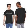 Two men in black t-shirts with 'de-part-men-tal-ized' text, front and back view