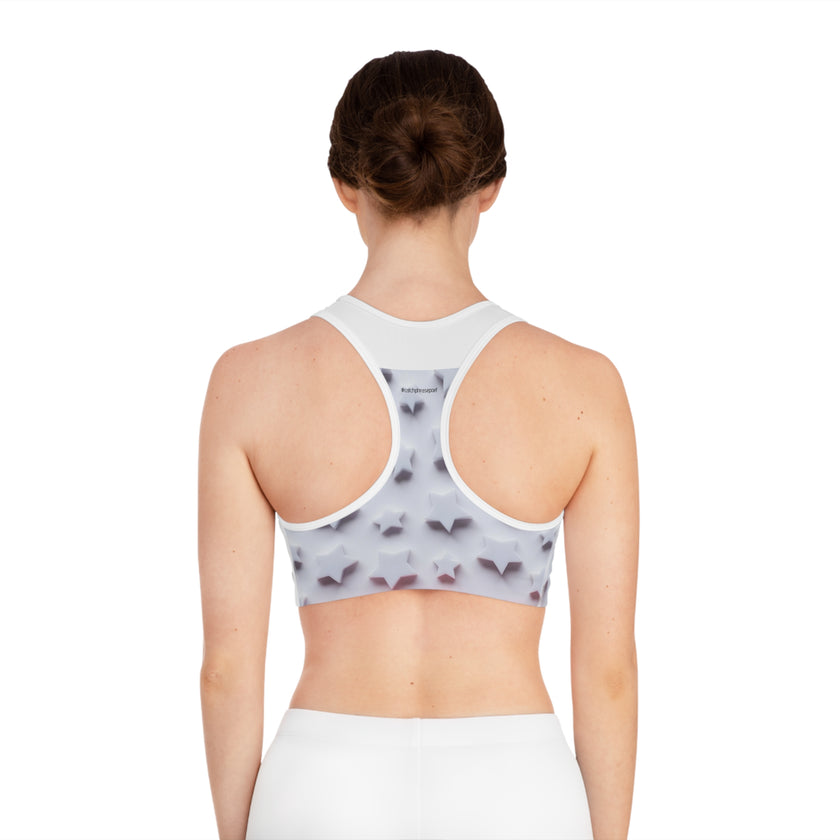 Woman in white racerback sports bra with 3D star pattern, viewed from behind