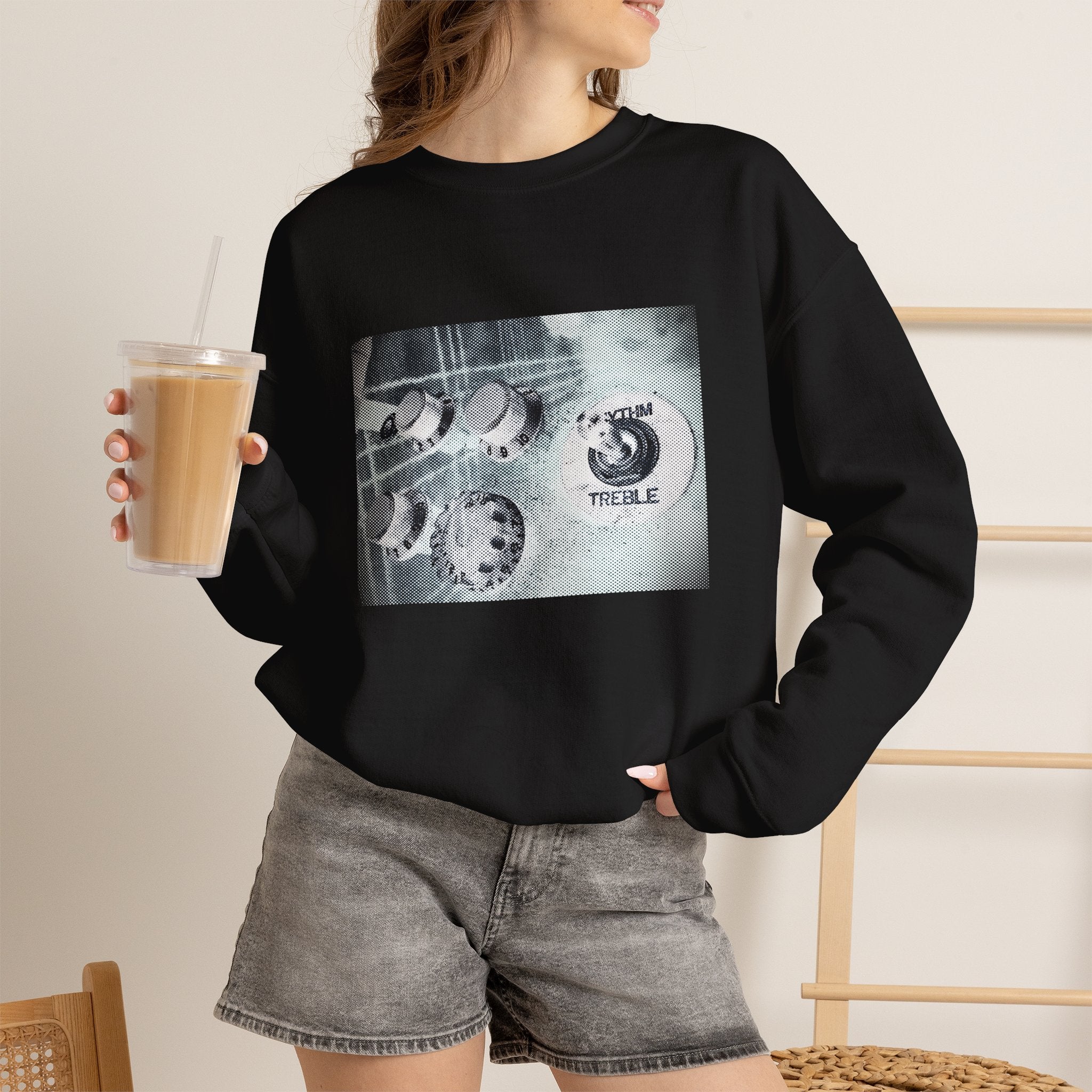 Treble guitar crewneck sweatshirt, vintage audio knobs graphic, front view — Catch Phrase Poet