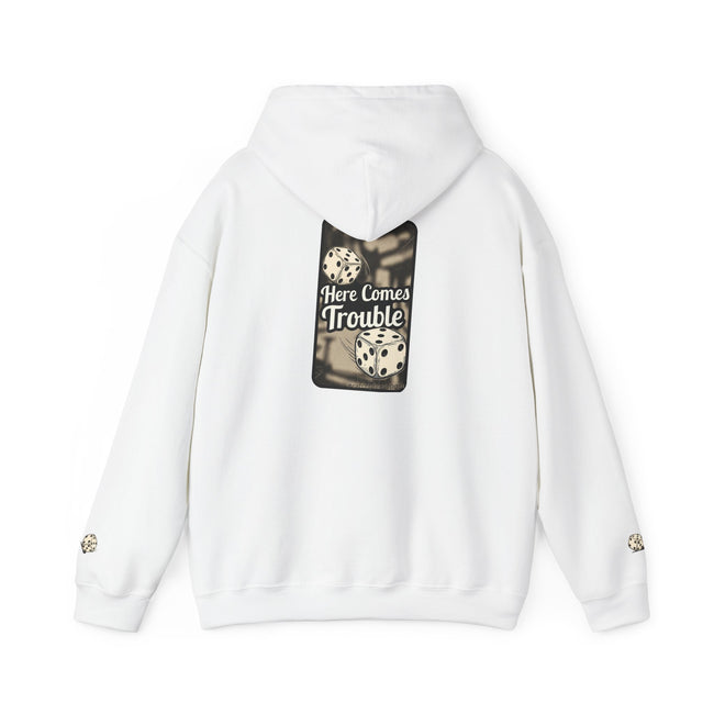 Here Comes Trouble Hoodie — Vintage Dice Graphic Pullover