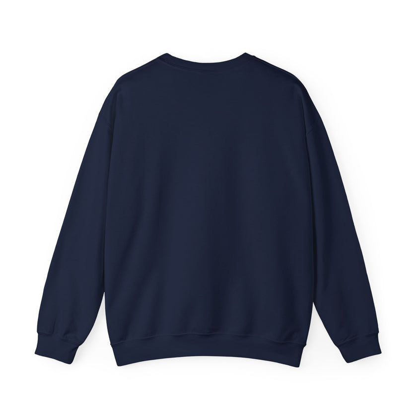 Back view of plain navy blue crewneck sweatshirt, long sleeves, casual clothing