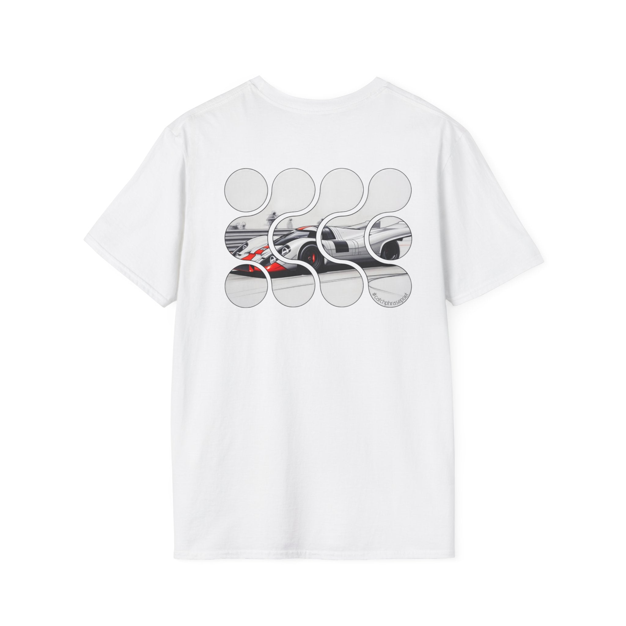 White t-shirt with abstract sports car graphic and modern circular design on the back