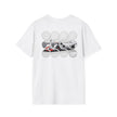 White t-shirt with abstract sports car graphic and modern circular design on the back