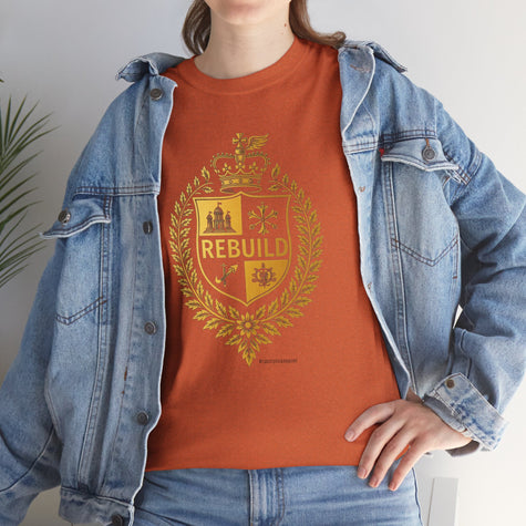 Person wearing orange 'Rebuild' graphic t-shirt with gold crest and denim jacket