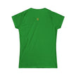 Green women's fitted t-shirt with small gold emblem on the upper back