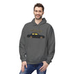 Man in gray hoodie with hashtag Volvolife Swedish brick and black car graphic