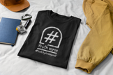 Black graphic t-shirt with 'truth verse' and hashtag, creative poetry clothing on bed