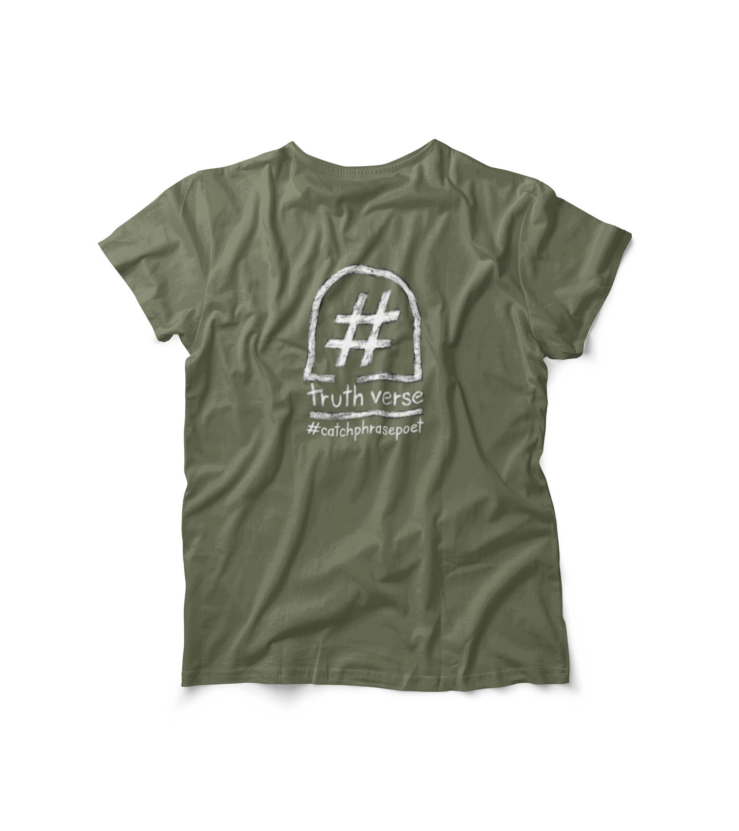 Olive green t-shirt with hand-drawn hashtag symbol and 'truth verse' graphic on the back