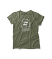 Olive green t-shirt with hand-drawn hashtag symbol and 'truth verse' graphic on the back