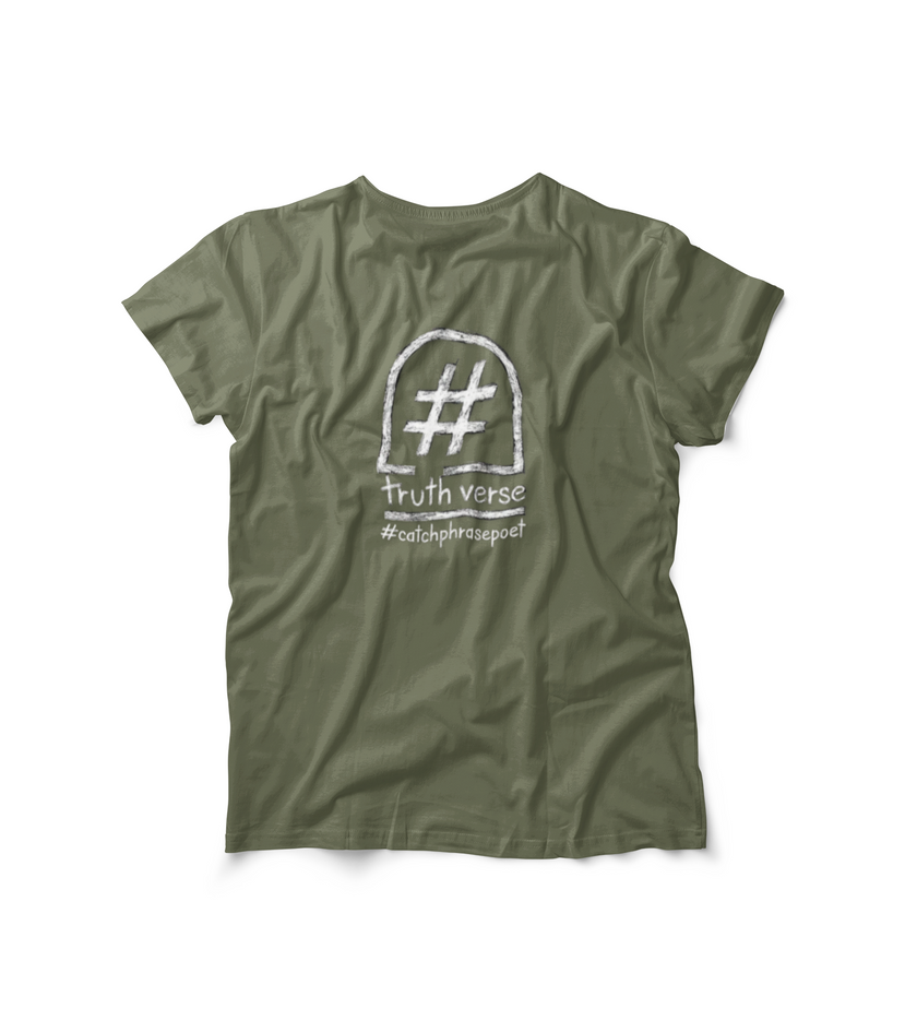 Olive green t-shirt with hand-drawn hashtag symbol and 'truth verse' graphic on the back