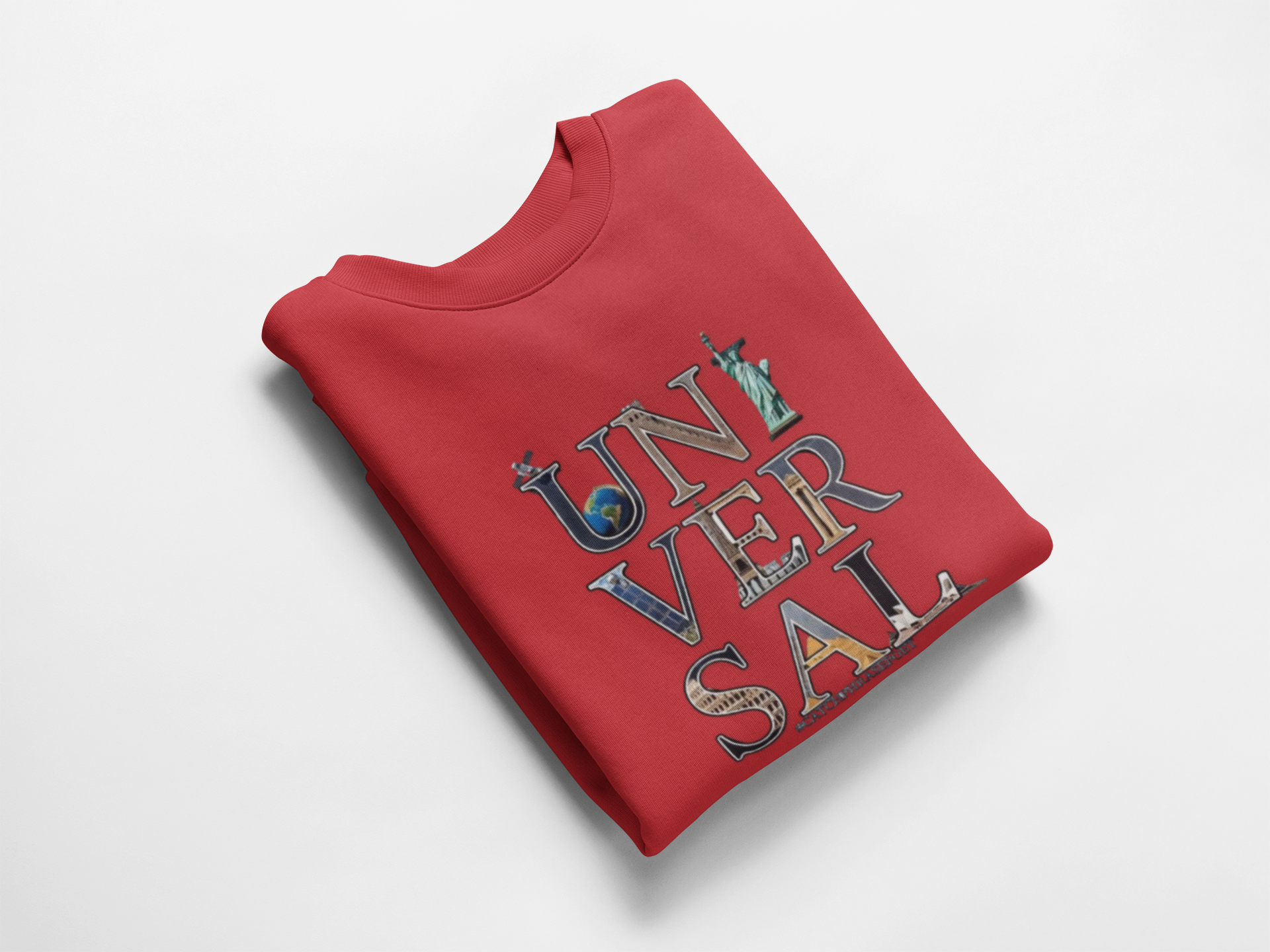 Red sweatshirt with 'UNIVERSAL' text and global landmark illustrations on front