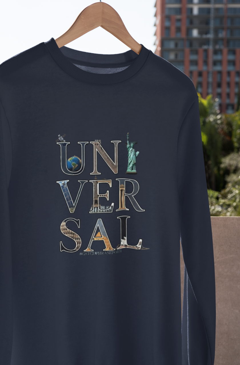 Navy blue sweatshirt with 'UNIVERSAL' and global landmark graphics, hanging outdoors