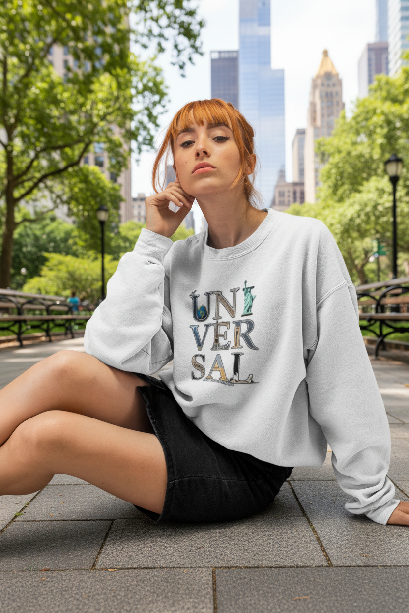 Woman in white sweatshirt with colorful 'UNIVERSAL' graphic, seated against white background.