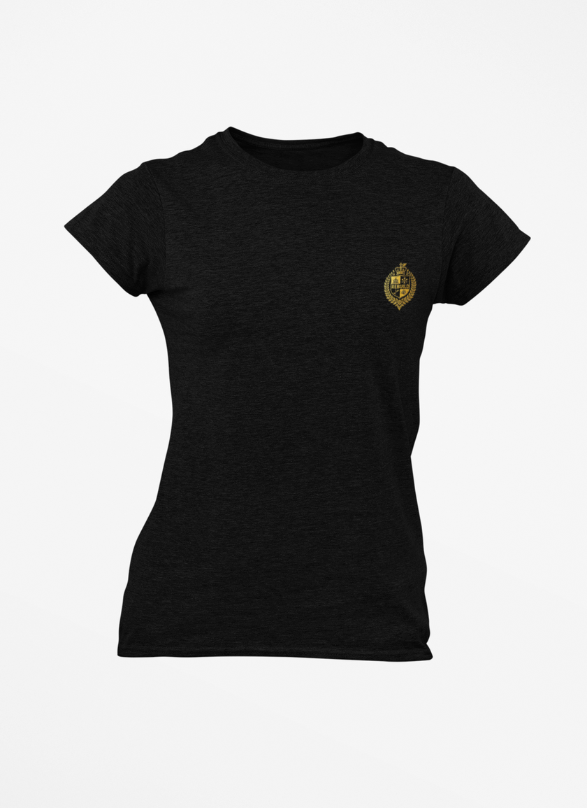 Black women's t-shirt with gold affirmation crest, short sleeves, front graphic, minimalist style