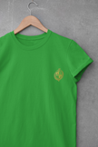 Green t-shirt with small yellow 'REBUILD' emblem on chest, displayed on hanger