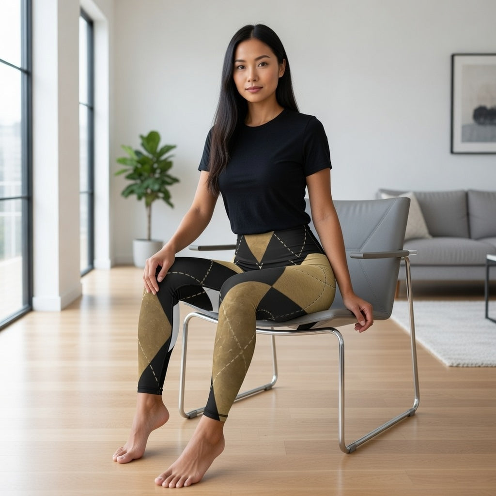 Woman in modern living room wearing black t-shirt and geometric print leggings