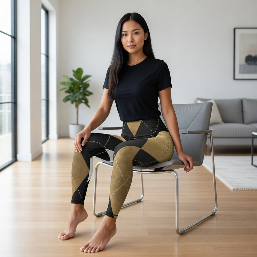 Woman in modern living room wearing black t-shirt and geometric print leggings