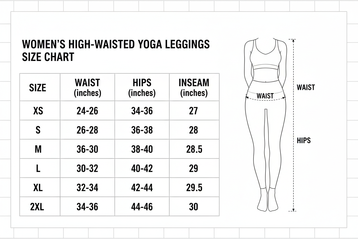 Women's high-waisted yoga leggings size chart with waist, hips, inseam measurements and diagram.
