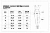 Women's high-waisted yoga leggings size chart with waist, hips, and inseam measurements.