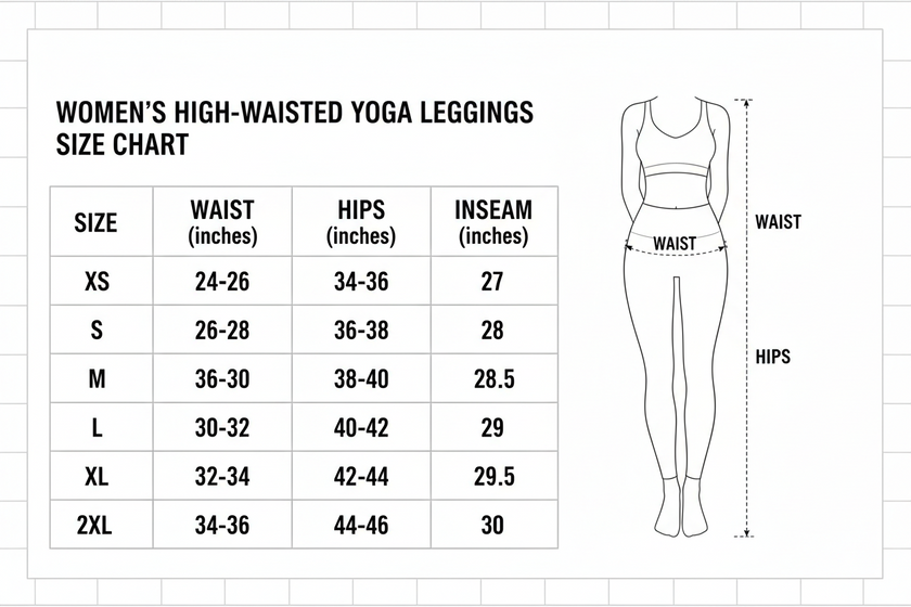 Women's high-waisted yoga leggings size chart with waist, hips, and inseam measurements.