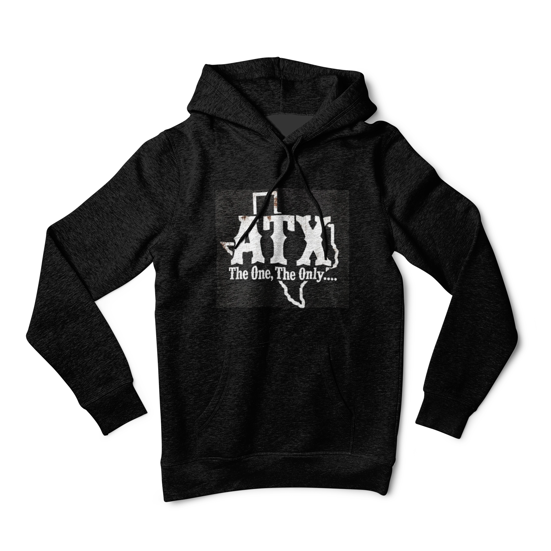 Black hoodie with Texas outline and 'ATX The One, The Only...' graphic on chest