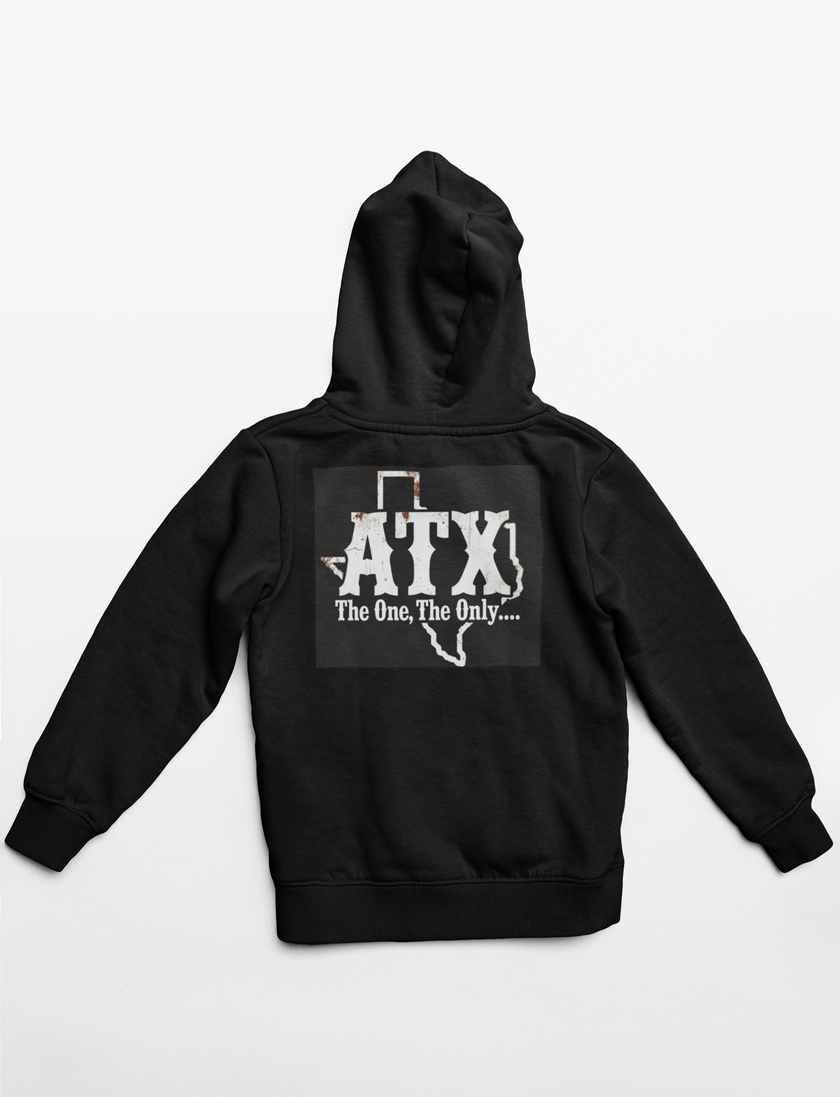 Black hoodie with Texas outline and ATX The One, The Only print on back, casual streetwear