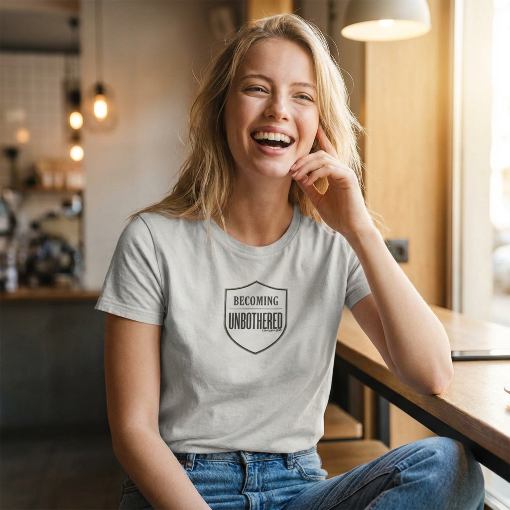Becoming Unbothered Women's Tee – Minimal Shield Graphic, Empowerment Shirt
