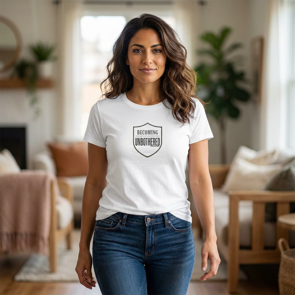 Becoming Unbothered Women's Tee – Minimal Shield Graphic, Empowerment Shirt