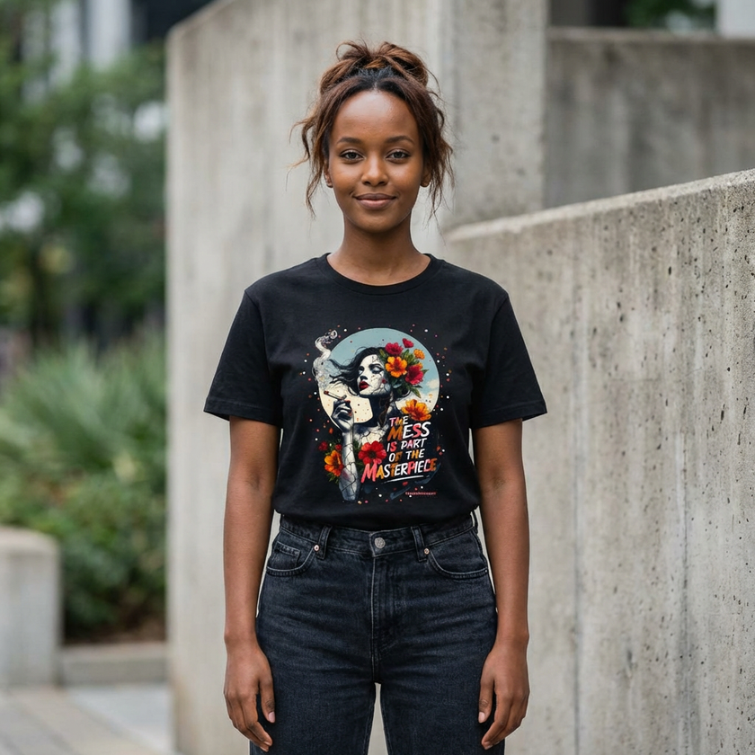 “The Mess Is Part of the Masterpiece” Floral Portrait T-Shirt