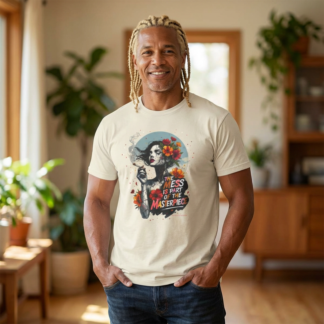 “The Mess Is Part of the Masterpiece” Floral Portrait T-Shirt