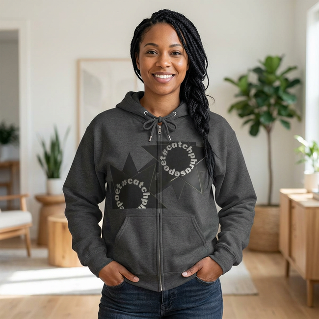 Black Zip Hoodie with Circular Badge Graphic — 