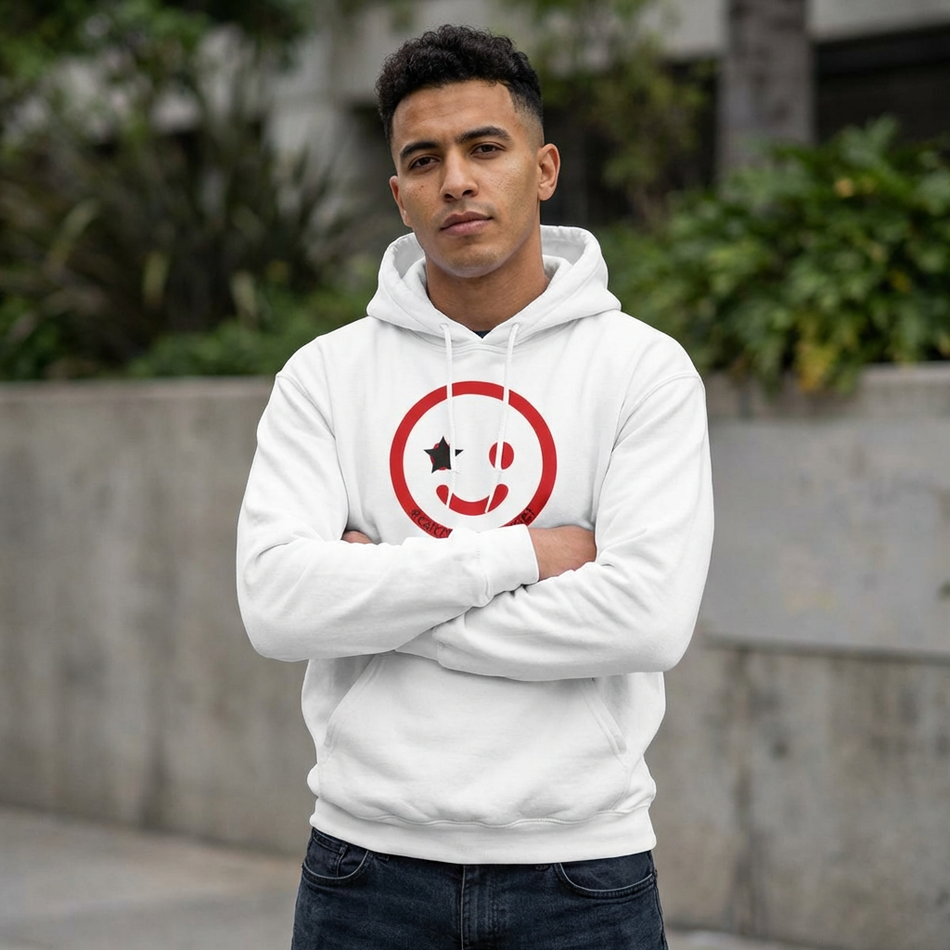 Duo Smile Star Hoodie — Red Double-Wink Graphic College Hoodie