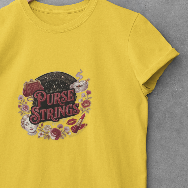 Purse Strings Graphic Tee — Vintage Floral Wallet & Coin Design