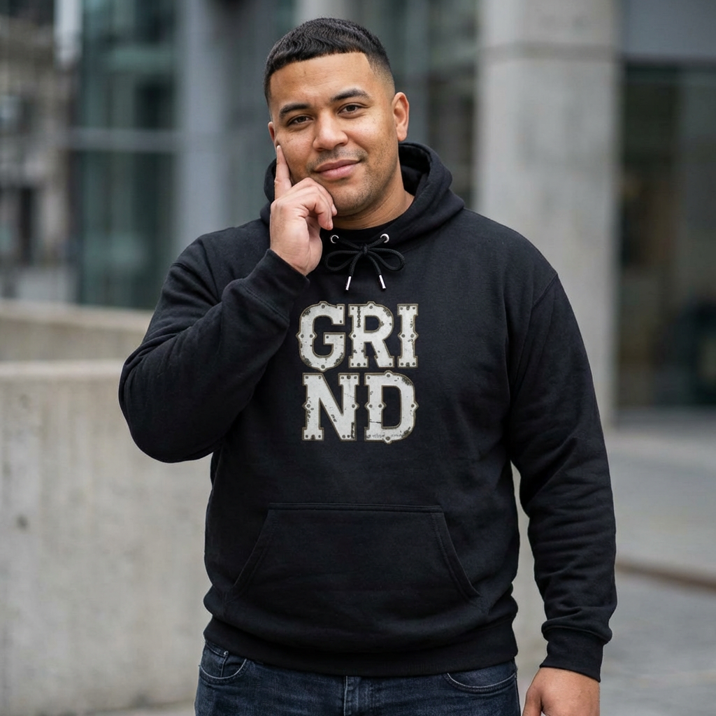 Man wearing a black hoodie with 'GRI ND' text, standing outdoors.