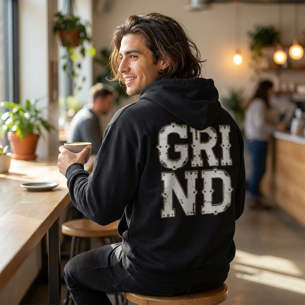 Man sitting at a cafe wearing a black hoodie with 'GRI ND' on the back.