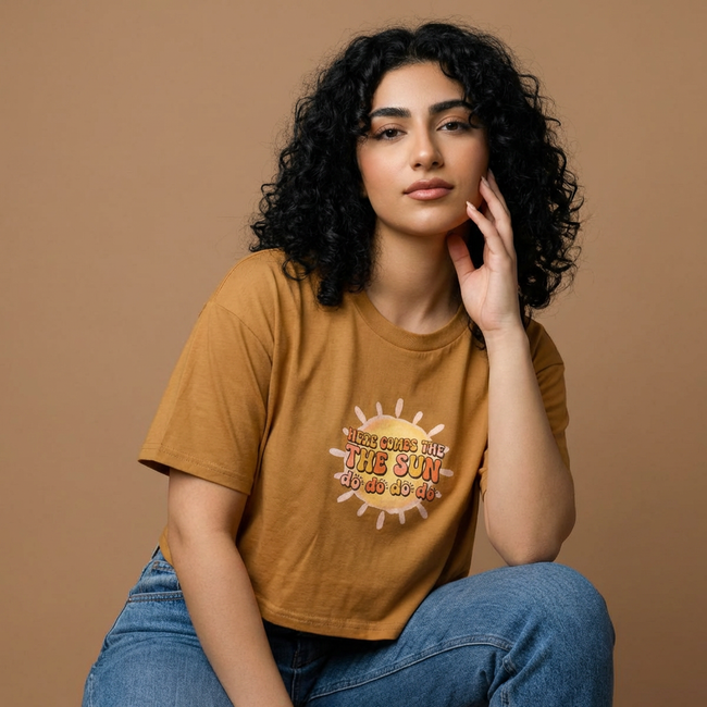 Women’s Crop Tee — Retro Sun Graphic “Here Comes The Sun”