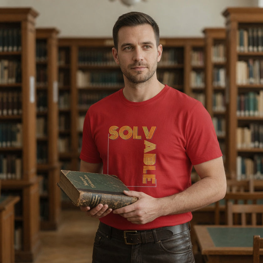 Solvable Graphic T-Shirt — Gold Text Puzzle Design