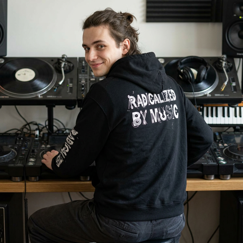 Person wearing a black hoodie with text in a music studio