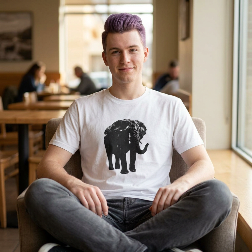 Person wearing a white t-shirt with an elephant graphic sitting in a casual setting.
