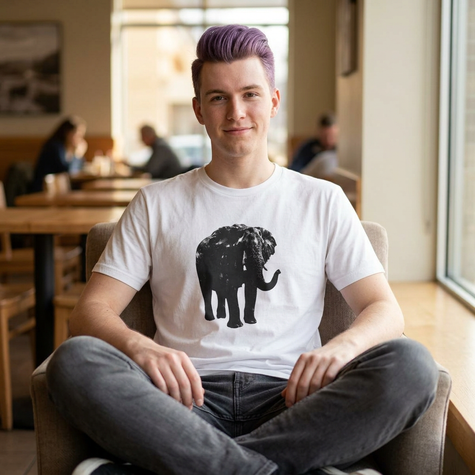 Person wearing a white t-shirt with an elephant graphic sitting in a casual setting.