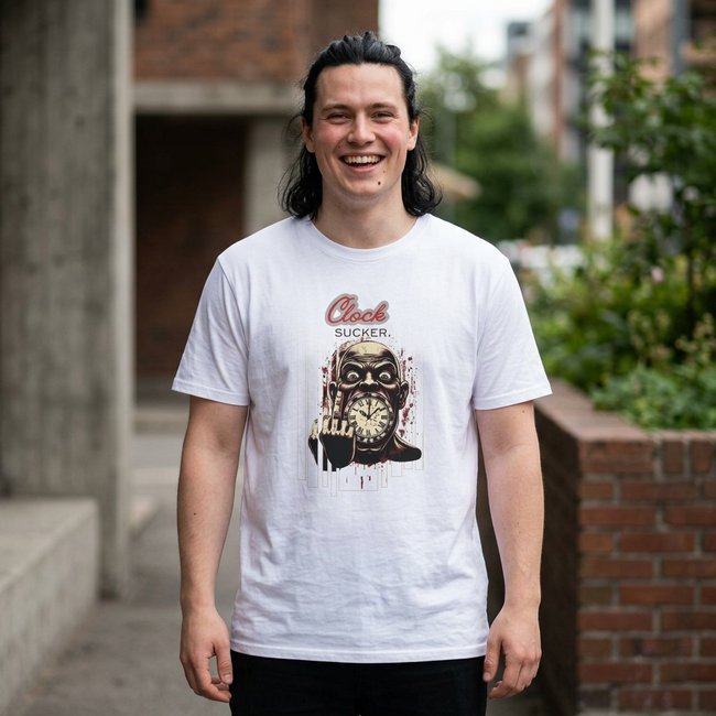Horror Skull Clock T-Shirt — “Clock Sucker: The Horror of Wasted Time” Vintage Creepy Design