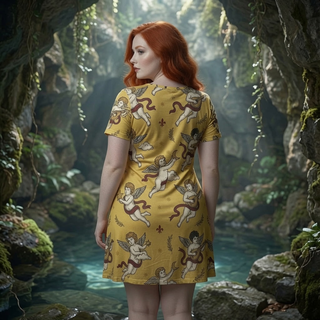 Cherub Print Women's T‑Shirt Dress — Vintage Angel Pattern