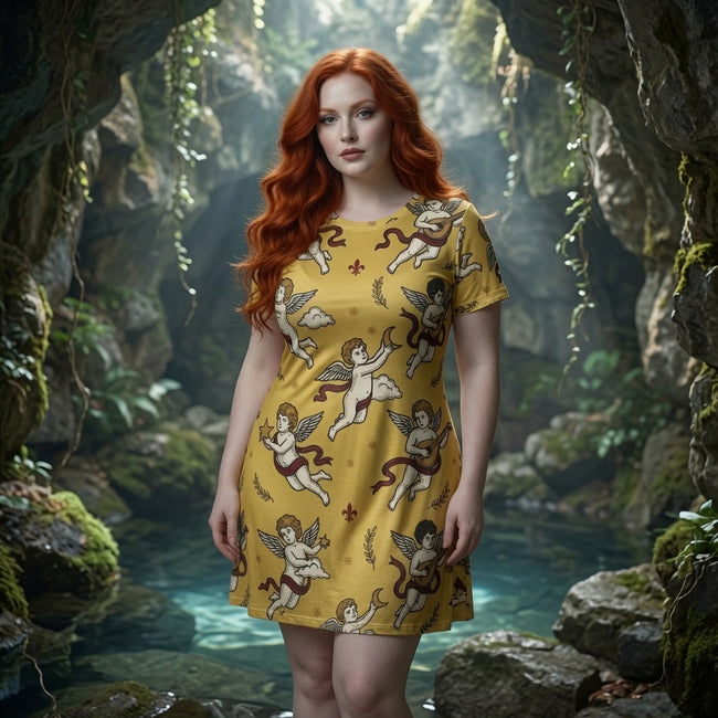 Cherub Print Women's T‑Shirt Dress — Vintage Angel Pattern
