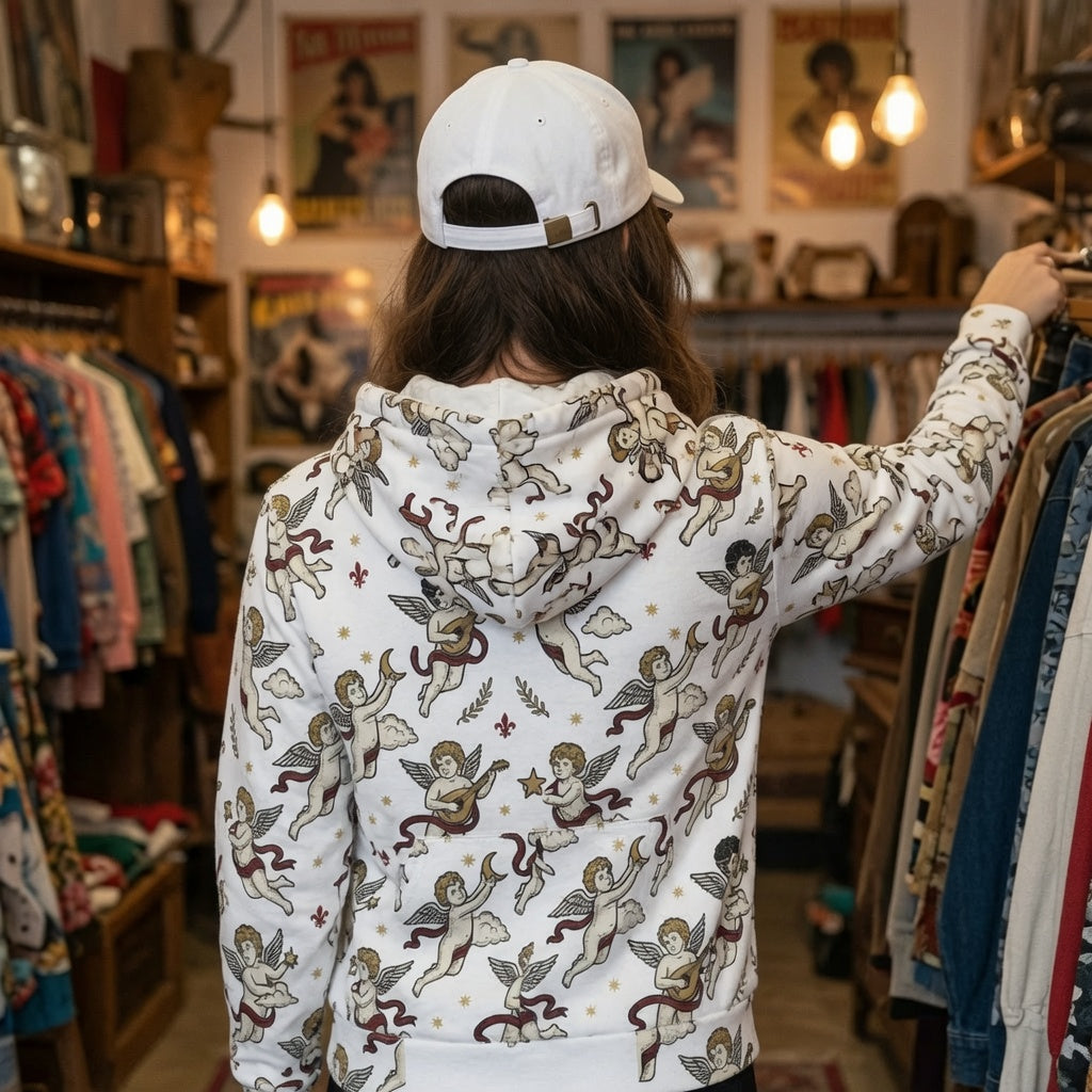 Cherub Pattern Zip Hoodie — All-Over Print Angel Cupid Graphic Hoodie
