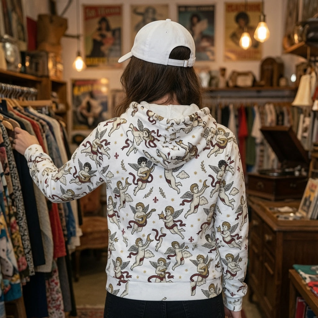 Angel graphic streetwear zip hoodie detail